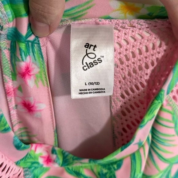Art Class Girls L 10/12 Pink Floral Mesh Rashguard One-Piece Sun Swimsuit - Picture 2 of 4